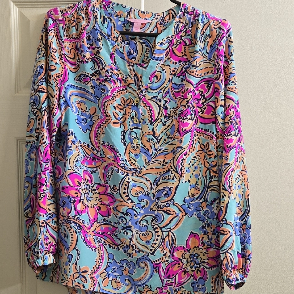 Lilly Pulitzer Pink and Blue Graphic Blouse with Mandarin Collar